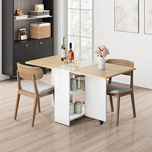 Space Saving Folding Dining Table with 2 Tier Storage-Extendable Drop Leaf Farmhouse Wood Kitchen Dining Room Tables Set f...