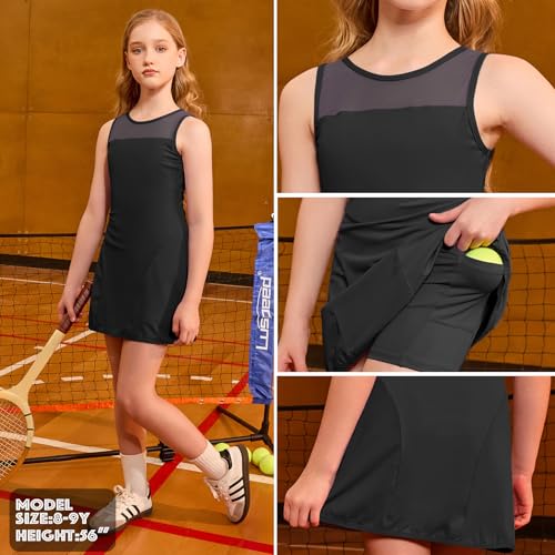 CHILDRENSTAR Girls Tennis Dress Sleeveless Mesh Contrast Golf Athletic Dresses Activewear Sets Built-in Bra & Separate Shorts