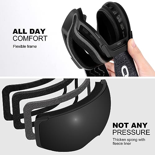 Odoland Magnetic Interchangeable Ski Goggles with 2 Lens, Large Spherical Frameless Snow Snowboard Goggles for Men Women