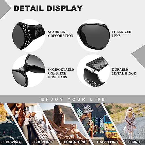 HAOLOTA Polarized Sunglasses for Women, Rhinestone Wrap Around Sunglasses with UV400 Protection
