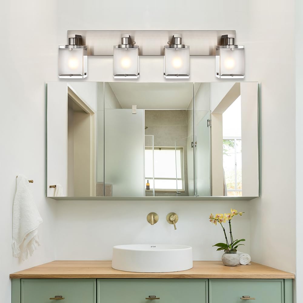 Winshen 4-Lights Bathroom Light Fixtures Over Mirror  Brushed Nickel Vanity Wall Mounted Lighting With Frosted Glass For Kitchen Living Room  E26 Bulb Base