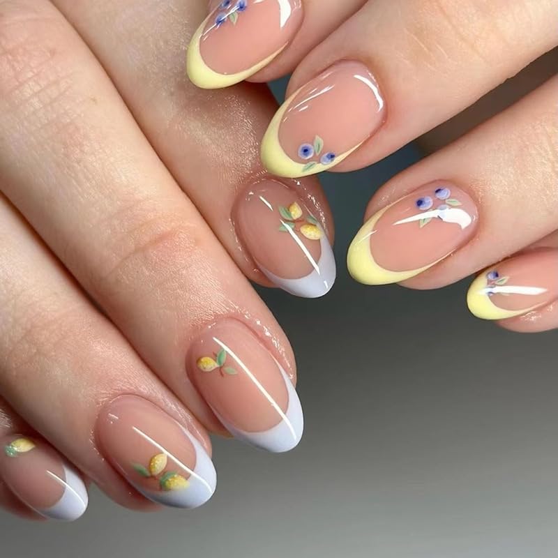 MRSCOL Press on Nails-Mango Blueberry French,Press on Nails Almond,Press on Nails Short Reusable 30pcs Nail Kit with Glue
