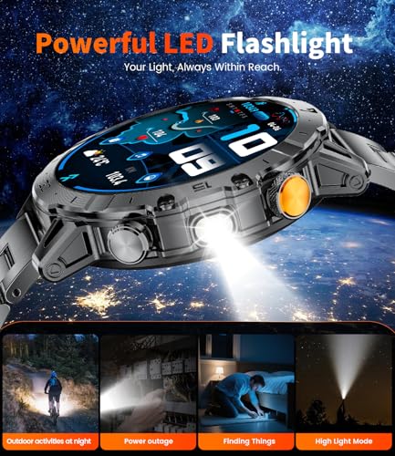 HIRREO EF18 Military Smart Watch for Men, 1.85″ HD Smartwatch with 1000 mAh Large Battery, LED Flashlight/100+ Sport Modes...