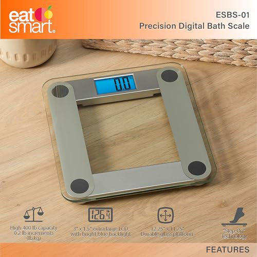 Eat Smart Digital Bathroom Scale with Extra Large Easy to Read Lighted Display, Weight Tracking, Includes Body Tape, Grey ...