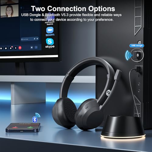 FXWONTY Wireless Headset, Bluetooth Headphones with Mic(AI Noise Cancelling), 65 Hrs Working Time with USB Dongle, Wireles...