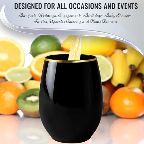 Black Stemless Plastic Wine Glasses With Gold Rim Design (12 Oz.) - Pack Of 16 - Disposable & Chic, Perfect For Parties, W...