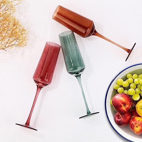 Colored Champagne Flutes Set of 6, Large 8 Oz Hand Blown Crystal Glasses, Lead-Free Colorful Glasses, Italian Style Tall S...