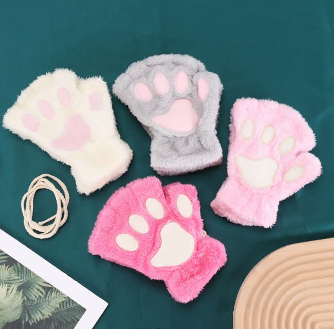 Furry Cat Paw Gloves Winter Fluffy Plush Fingerless Mittens for Women & Teen Girls Cute Cartoon Kawaii Accessories (White,One Size)