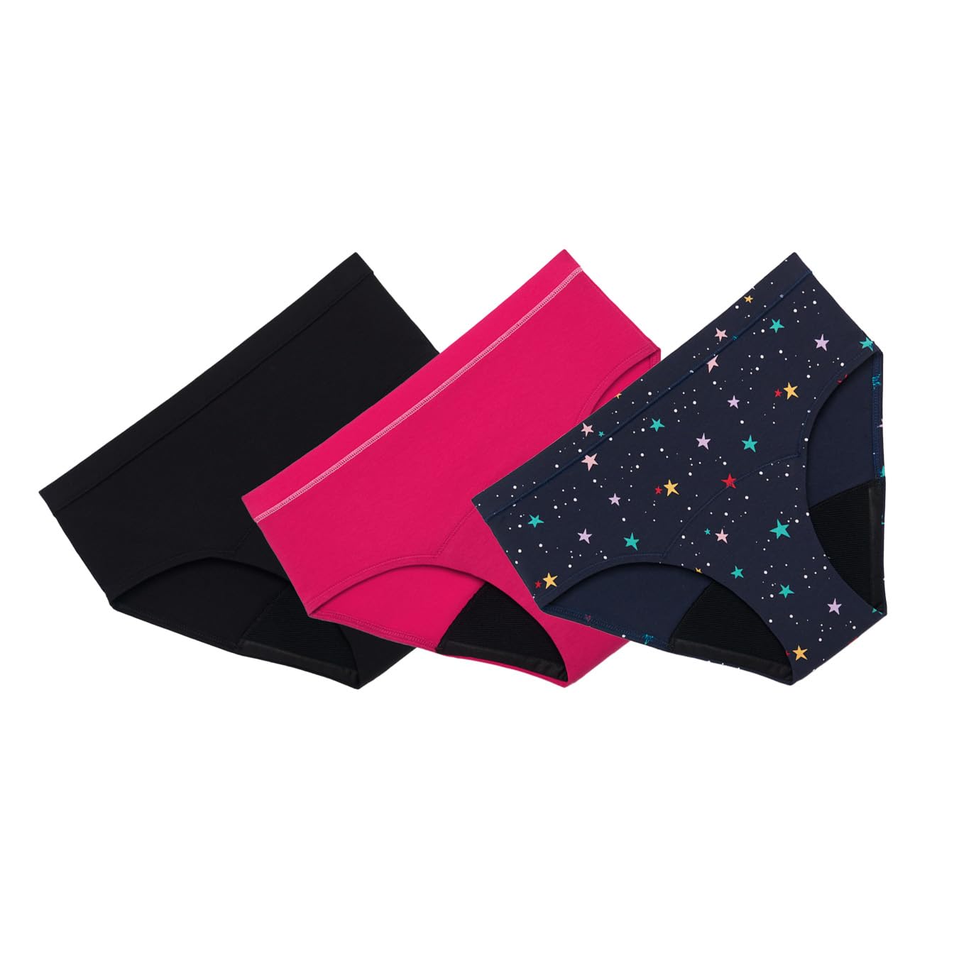 Thinx Teens Period Underwear, Brief-Style Period Panties for Teens, Holds Up to Regular 12 Tampons*, Period Panties, Reusable, 3-Pack - (2) Black + (1) Lucky Stars, Size 9/10