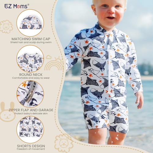EZ Moms Baby Boy Swimsuit UPF 50+ Long-Sleeve One Piece Zipper Toddler Bathing Suit Baby Beach Wear Sunsuit with a Swim Cap