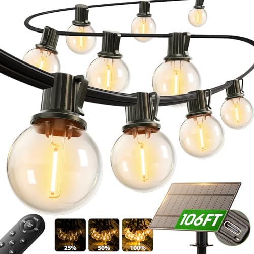 addlon 100FT Solar String Lights Outdoor with Remote, 54 LED Shatterproof Bulbs, Dimmable & Timable, 3 Light Modes, G40 Wa...