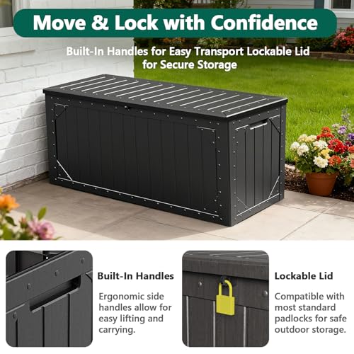 MAKE CHANGES 100 Gallon Outdoor Storage Box, Waterproof Resin Deck Box Organizer for Patio Cushion Storage, Lockable Outsi...