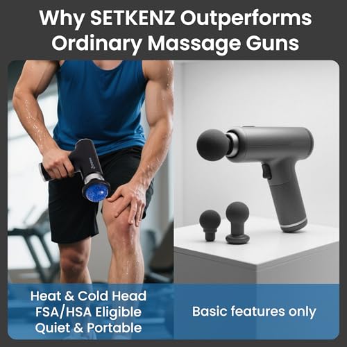Setkenz Massage Gun with Heat and Cold Head – Deep Tissue Muscle Massager for Pain Relief – 10 Heads – Quiet, Portable, Ho...