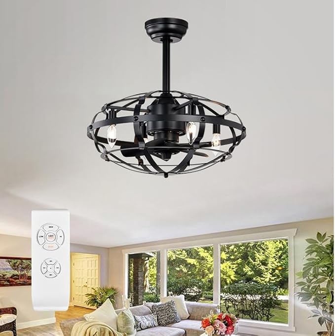 NicBex Ceiling Fan 20 Inch Indoor Industrial Ceiling Fan with Lights Ceiling Fans with 5 Blades and Remote Control Caged Ceiling Fan for Bedroom, Living Room, Black