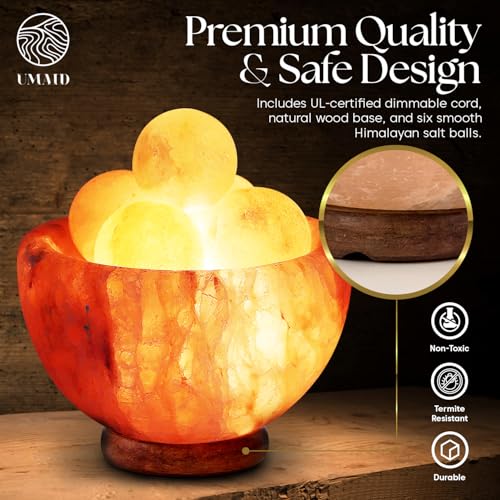 UMAID Himalayan Salt Lamp Bowl with 6 Massage Balls – Dimmable Natural Pink Rock Salt Lamp for Relaxation, Meditation,Yog...