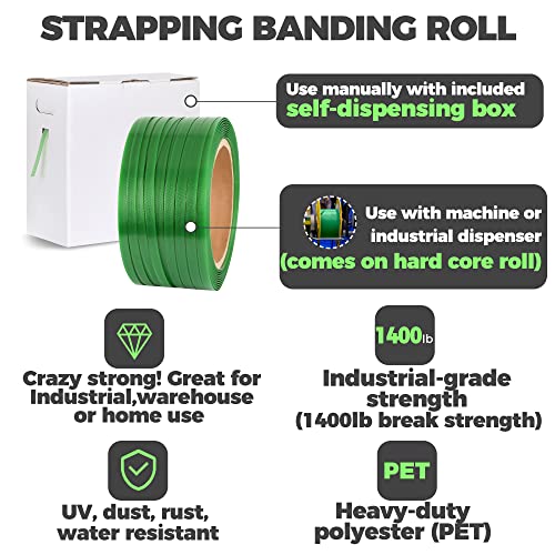 Heavy Duty Packaging Strapping Banding Roll - Green Polyester PET Industrial-Grade, 1000' x 5/8" x 0.035" Pallet Strap Coi...