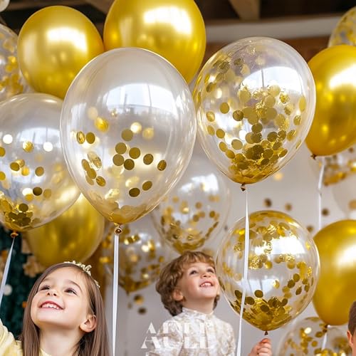 AULE Party Balloons Pack of 42 - Metallic Gold Balloons & Gold Confetti Balloons and 64ft Ribbons - 12 Inch Balloons Decor...