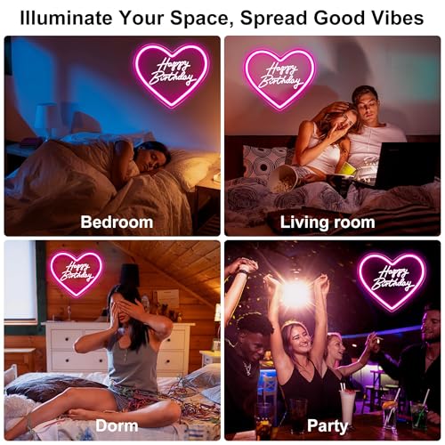 cxfyddp Happy Birthday Neon Sign, Pink, 13.7" x 12.5", LED, USB Powered, Dimmable Switch