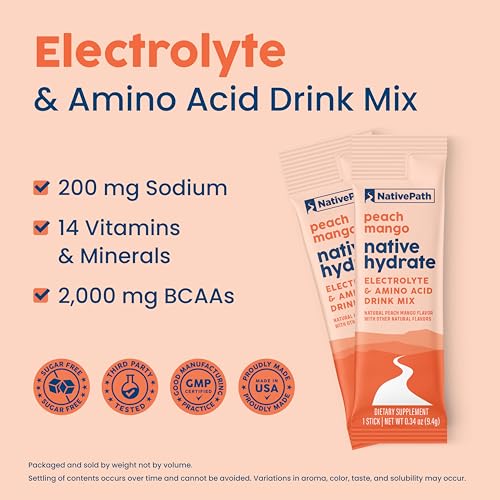 NativePath Native Hydrate Stick Packs, Sugar Free Electrolytes Powder with BCAAs, Peach Mango Hydration, Keto & Paleo Frie...
