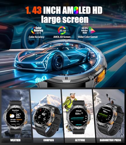 FOXBOX GPS Smart Watch for Men with LED Flashlight, 530mAh Extra Large Battery, 1.43'' AMOLED Military Smartwatch Answer/M...
