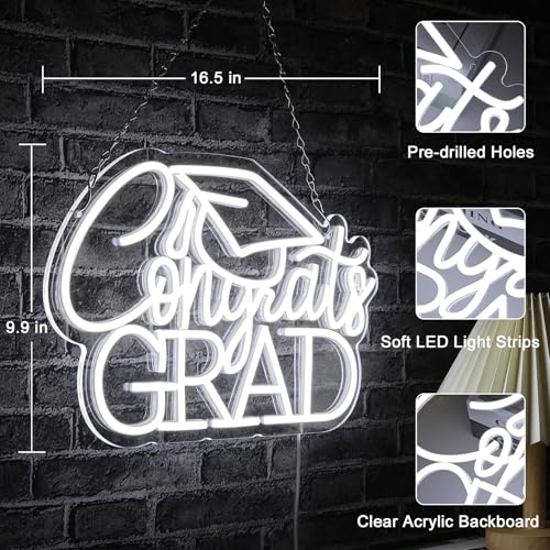 Congrats Grad Neon Sign for 2025 Graduation Decorations,16.5 x 9.9 IN White Dimmable Led Light Congrats Sign for Graduatio...