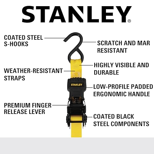 STANLEY S1000 Black/Yellow 1" x 10' Ratchet Tie Down Straps - 500 lb Safe Working Load / 1,500 lbs Break Strength, 8 Pack
