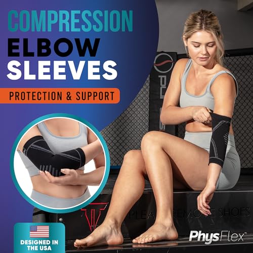 PhysFlex Elbow Brace 2 Pack for Tennis & Golfer's Elbow Pain Relief - Elbow Compression Sleeve for Weightlifting, Workout,...