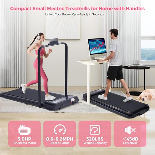 Portable Treadmill with Handles, 0.6-6.2MPH Compact Walking Pad with Handle Bar, 3.0HP Electric Walking Pads Treadmills fo...