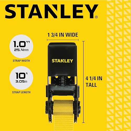 STANLEY S9500 Black/Yellow 1" x 10' Ratchet Straps - Light Cargo (300 lb Working Load / 900 lb Break Strength), 4 Pack
