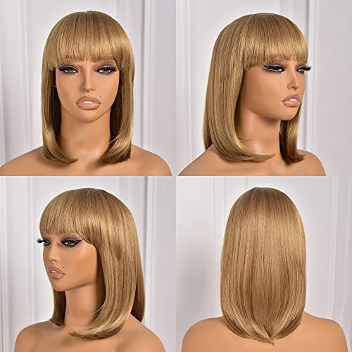 ToyoTress BLunt Cut Wigs With Bangs - 14 Inch Blonde Mix Brown Light Yaki Straight Hair Daily Costume Wig For Black Women, Soft