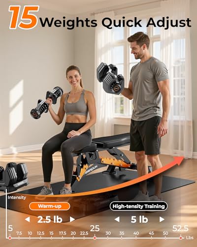 FEIERDUN DB1 Quick Adjustable Dumbbell Set, 15-in-1 Weight Set Dumbbells 105lb/52.5lb with Storage Box, Quick Adjust Free ...