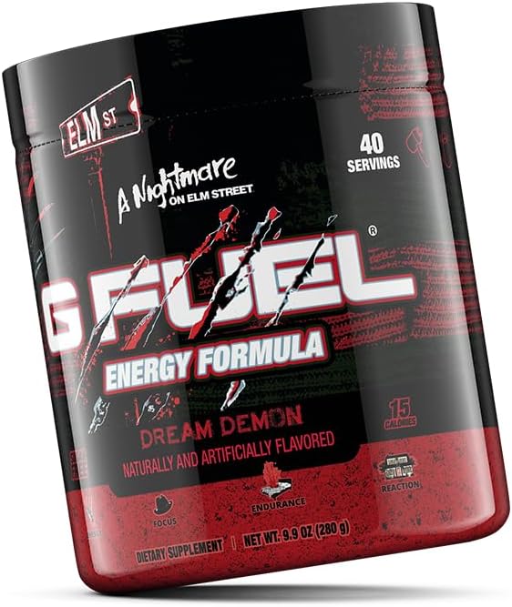 G Fuel Nightmare On Elm Street Energy Drink Powder, Pre Workout Caffeine Mix for Gaming, Sugar Free Focus Amino, Vitamin + Antioxidant, 9.9oz (Tart Fruit Punch, 40 Serving)