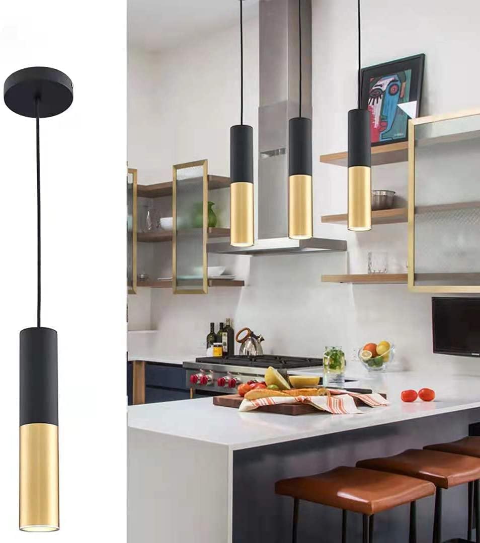 Hobaca GU10 Pendant Light, Black Gold Metal, 6CM Diameter, 30CM Length, Ideal for Kitchen Island, Dining Room, Bedroom, Bar