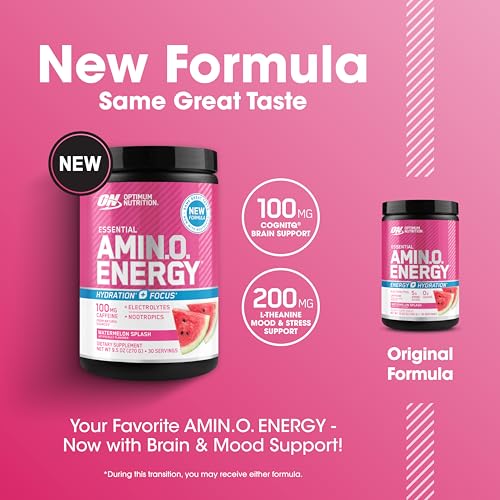 Optimum Nutrition Amino Energy Powder Plus Focus, with BCAA, Electrolytes, and Caffeine, Watermelon, 30 Servings (Packagin...