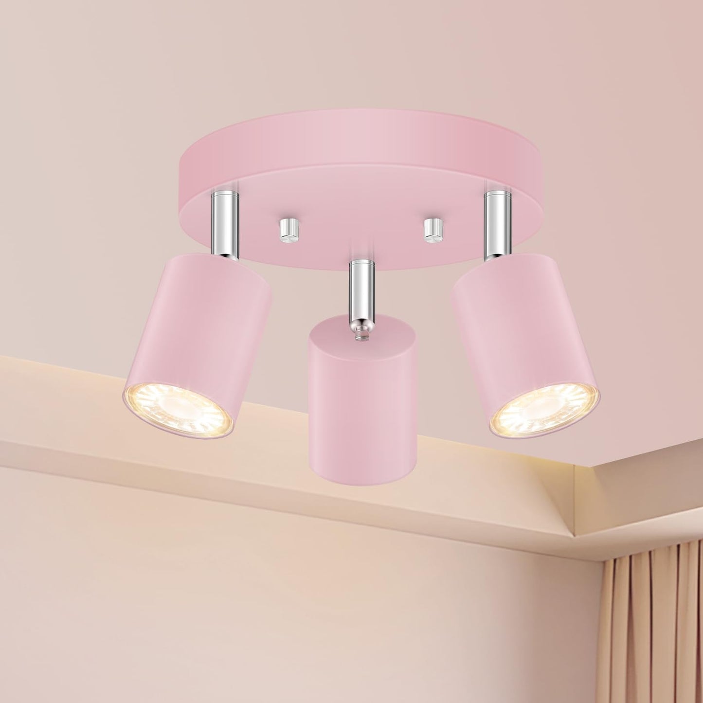 Bricosmocon 3 Light Track Lighting Fixtures Ceiling  Pink Round Directional Spotlight Fixtures  Gu10 Flush Mount Ceiling Fixture  Adjustable Modern Led Track Light For GirlS Room  Bulb Not Included