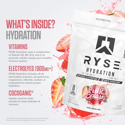RYSE Hydration Electrolyte Powder Drink Mix Packets - Pink Splash - Sugar-Free Full Spectrum Electrolytes with Essential V...