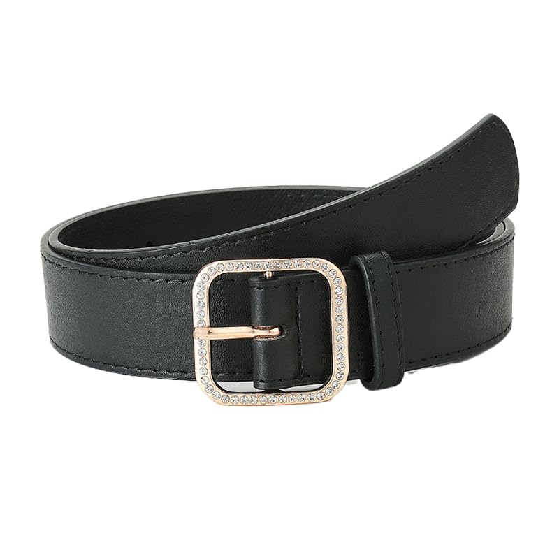 CT COTIM COYIN Women's PU Leather Belt with Square Crystal Diamond Buckle, Black