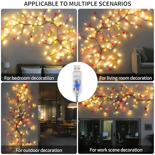 FNHMSL Macaroon Rose Blossom Enchanted Willow Vine Lights, 7.55FT 144LED 6 Color Blossom Tree Branch Lights for Wall, Remo...