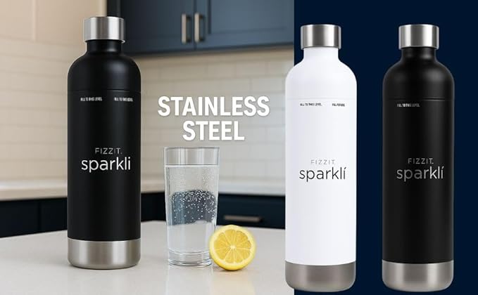 FIZZIT Spärklí Black Carbonated Water Soda Maker Bundle – Includes 1 Black Stainless Steel Bottle, 1 White Stainless Steel Bottle & 2 CO? Cylinders – Premium Sparkling Water Maker for Home & Kitchen
