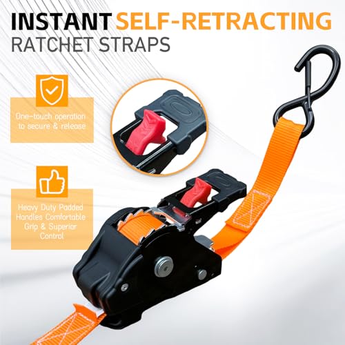 Retractable Ratchet Straps (2-Pack) - 1'' x 11.5' (1,800lb Break Strength) - Heavy Duty Auto Self Retracting Tie Down Stra...