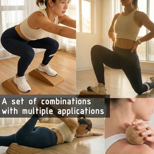 JouiiSiYa 2-in-1 Cork Yoga Blocks, 2 Pack Natural Cork Blocks - Dual-Use Squat Wedge & Yoga Block with Massage Ball
