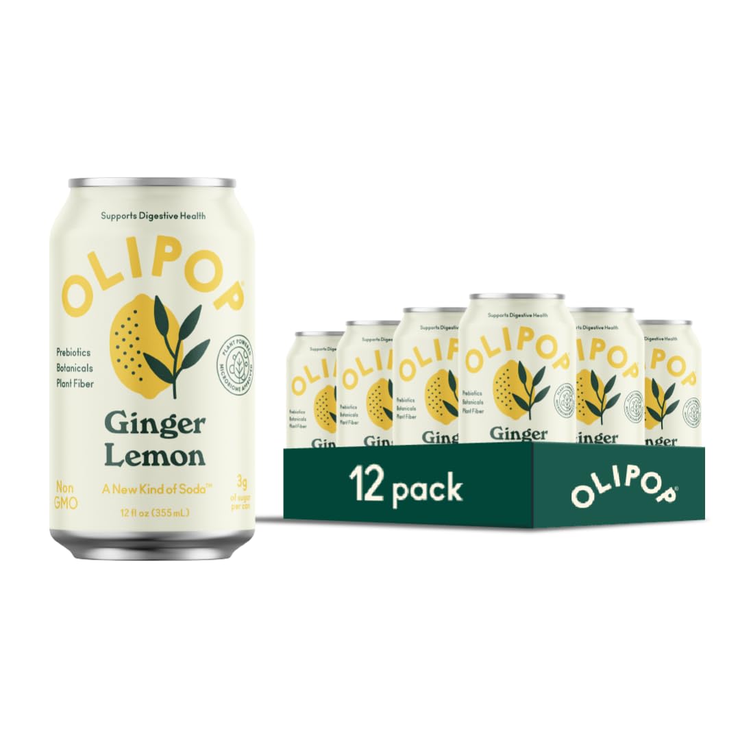 OLIPOP Prebiotic Soda Pop, Ginger Lemon, A New Kind of Soda Packed with Prebiotics, Fiber, and Botanicals, Gluten Free, Vegan, G