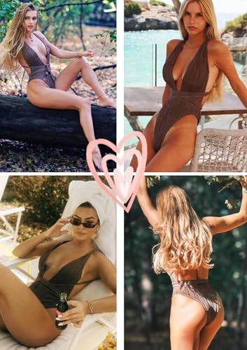 ZAFUL Women's One Piece Swimsuit Deep V Neck Ribbed Self Tie Sexy High Cut Bathing Suit Crisscross Back Swimwear