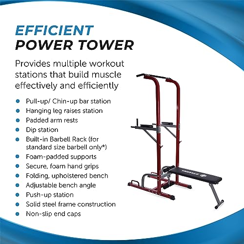 Stamina Full Body Power Tower 735 - Dip Bar with Built-in Bench and Rack - Pull Up Bar Station with Smart Workout App - Di...