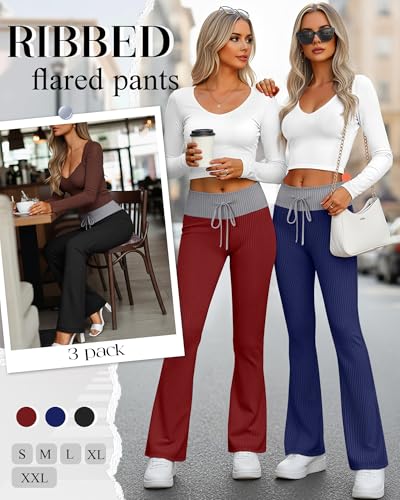 Velvelhall 3 Pack Women's Flare Leggings Ribbed Knit Color Block Yoga Pants Bootcut Sweatpants Stretchy Bell Bottoms