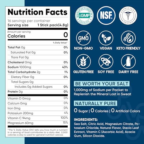 Venture Pal High Sodium Sugar Free Electrolytes Powder Packet - Hydration Packets with Vitamin, Sodium & Potassium | Zero ...