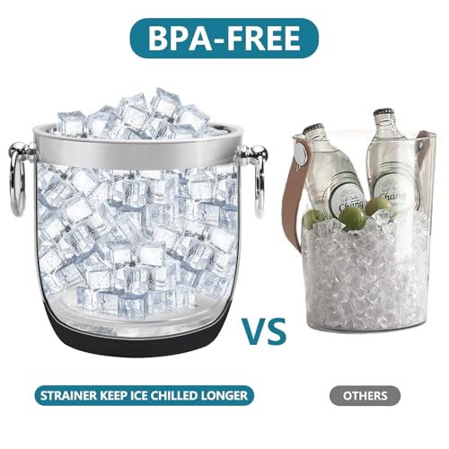 COOKSTYLE Double-Wall Stainless Steel Insulated Ice Bucket With Lid & Ice Tong [3 Liter] Included Strainer Keeps Ice Cold...