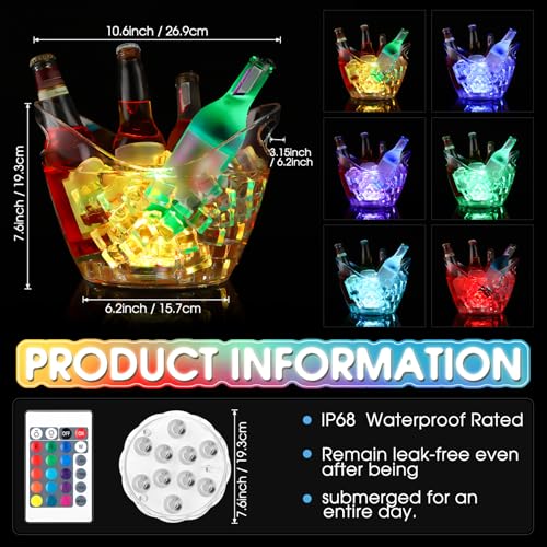 Funnymoom 4L LED Ice Buckets with Waterproof Light and Remote Control Light up Plastic Ice Bucket Clear Large Capacity Bee...