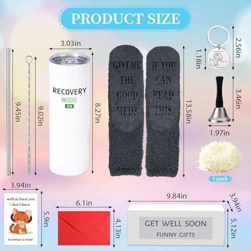 6 Pcs Funny Get Well Soon Gifts for Women Men, 20oz Hospital Mug Funny Recovery Socks Hand Bell Keychain Greeting Cards Ge...