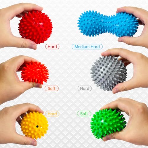 6-Pack Spiky Massage Balls Set, Hard/Medium/Soft Textured Muscle Roller Balls for Plantar Fasciitis Relief, Myofascial Rel...